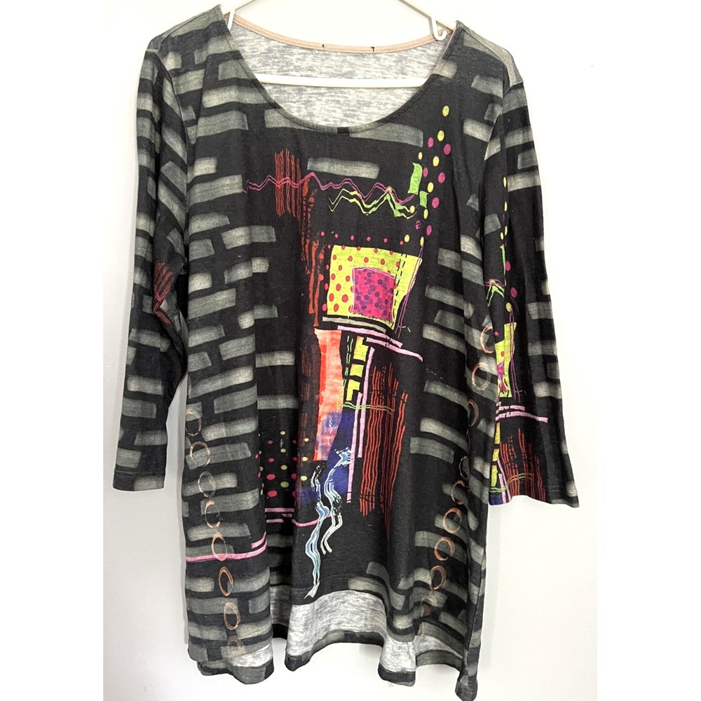 Vintage Abstract Art Shirt Womens 1X Black Neon Geometric Polyester Made USA 90s
